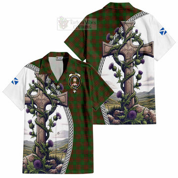 Tartan Vibes Clothing Menzies Tartan Short Sleeve Button Shirt with Family Crest and St. Andrew's Cross Accented by Thistle Vines