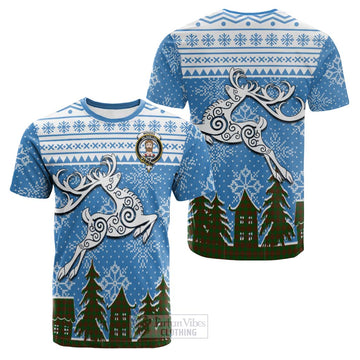 Tartan Vibes Clothing Menzies Clan Christmas Cotton T-shirt Celtic Reindeer Style