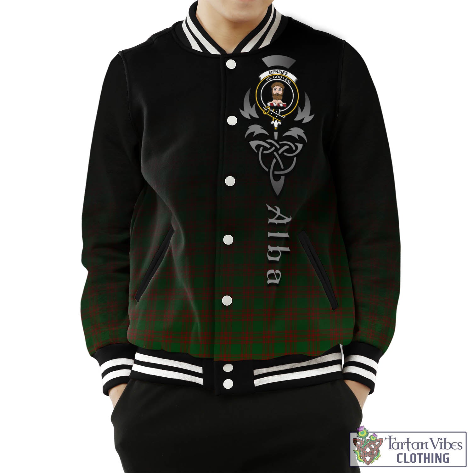 Menzies Tartan Baseball Jacket Featuring Alba Gu Brath Family Crest Celtic Inspired Unisex - Tartan Vibes Clothing