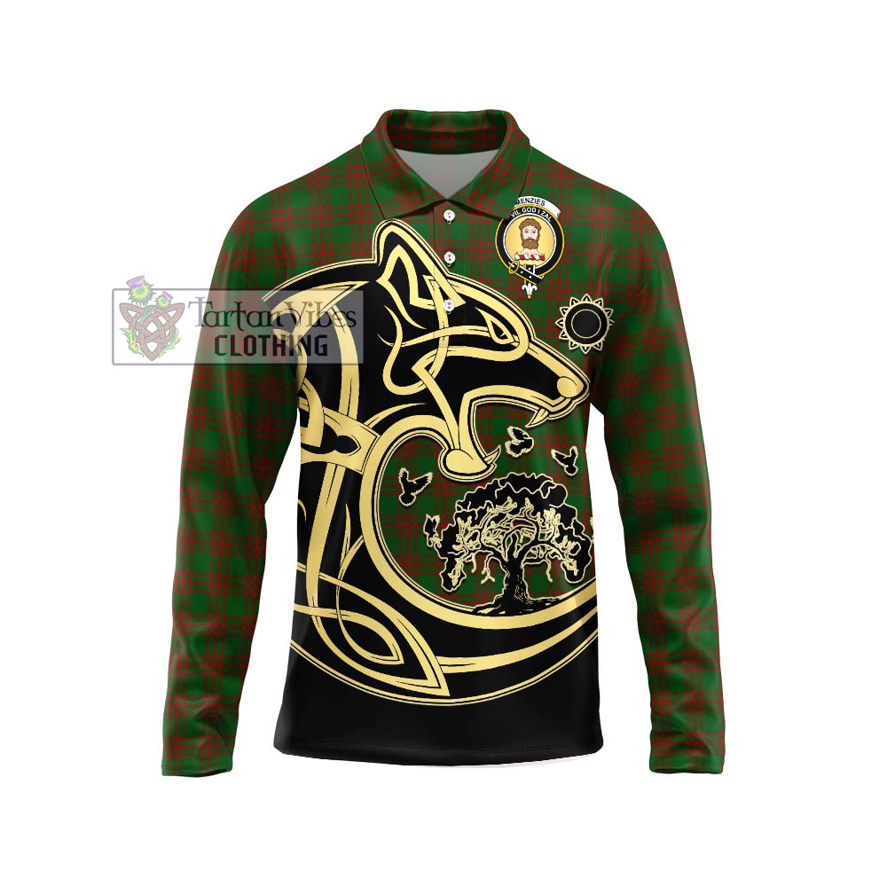 Menzies Tartan Long Sleeve Polo Shirt with Family Crest Celtic Wolf Style Unisex - Tartan Vibes Clothing