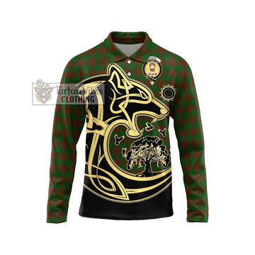 Menzies Tartan Long Sleeve Polo Shirt with Family Crest Celtic Wolf Style Unisex - Tartan Vibes Clothing