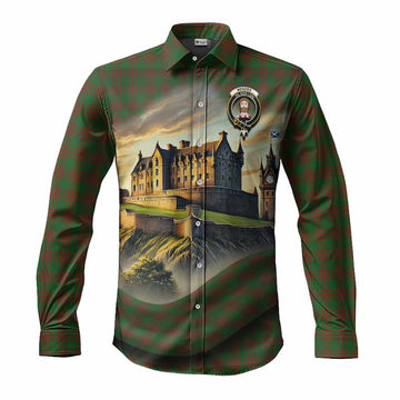 Menzies Tartan Family Crest Long Sleeve Button Shirt with Scottish Ancient Castle Style