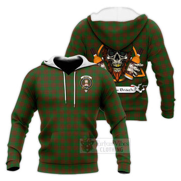 Menzies Tartan Knitted Hoodie with Family Crest and Bearded Skull Holding Bottles of Whiskey