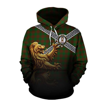 Tartan Vibes Clothing Menzies Crest Tartan Cotton Hoodie with Golden Lion Emblem Celtic Style