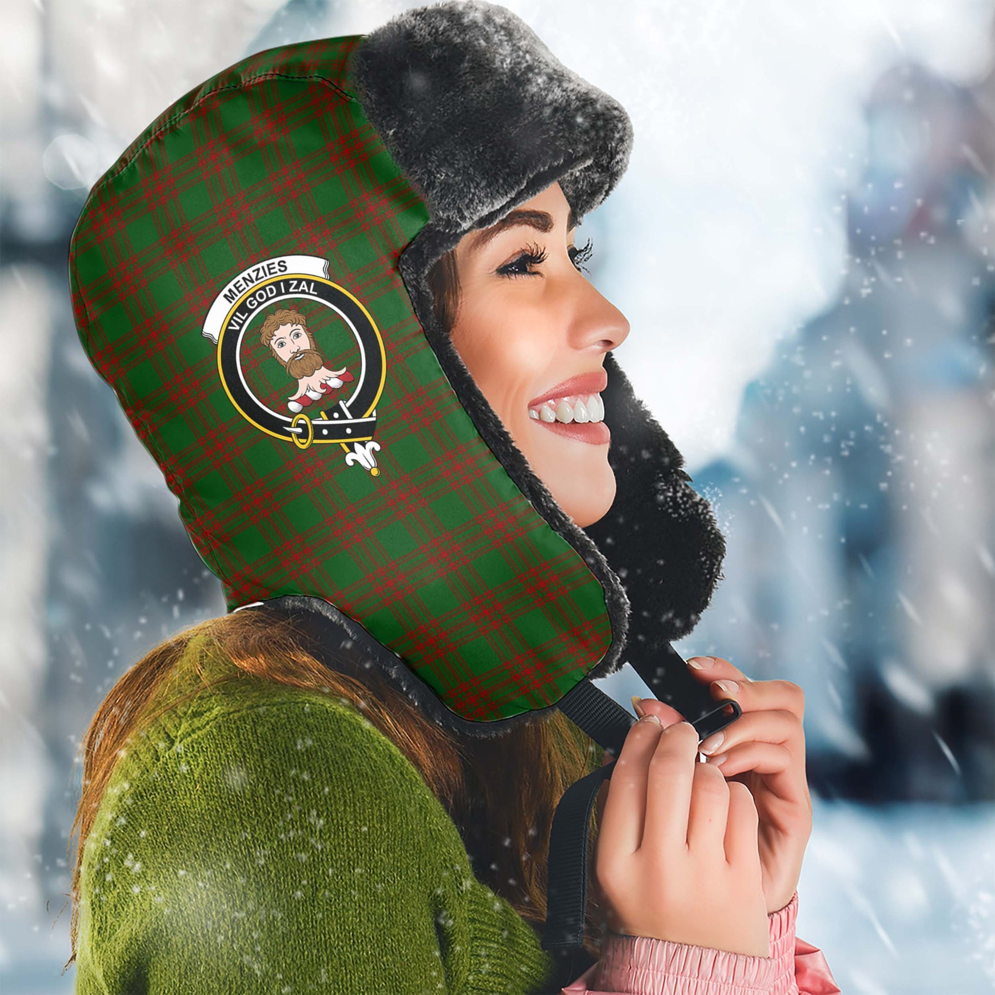 Menzies Tartan Winter Trapper Hat with Family Crest Winter Trapper Hat Universal Fit Circumference 22.8in (58cm) - Tartan Vibes Clothing
