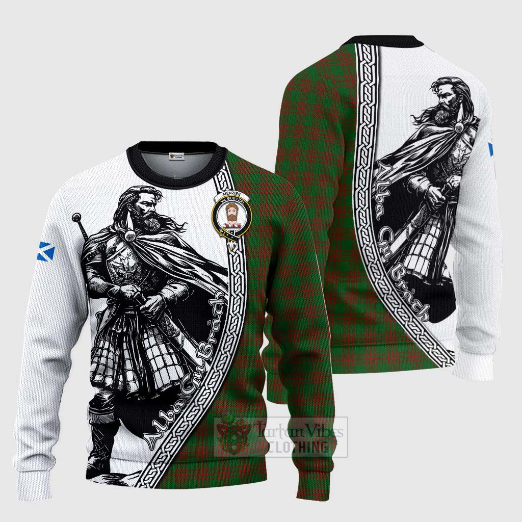 Menzies Tartan Clan Crest Knitted Sweater with Highlander Warrior Celtic Style Unisex - Tartan Vibes Clothing
