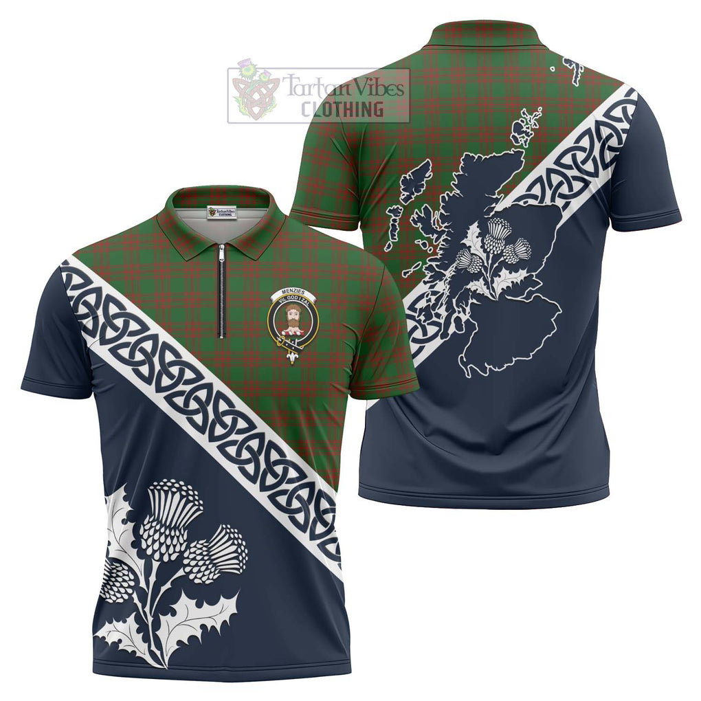 Menzies Tartan Zipper Polo Shirt Featuring Thistle and Scotland Map Unisex - Tartanvibesclothing Store