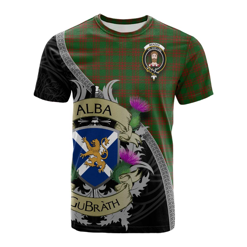 Tartan Vibes Clothing Menzies Tartan Family Crest Cotton T-shirt Lion Rampant Royal Thistle Shield Celtic Inspired