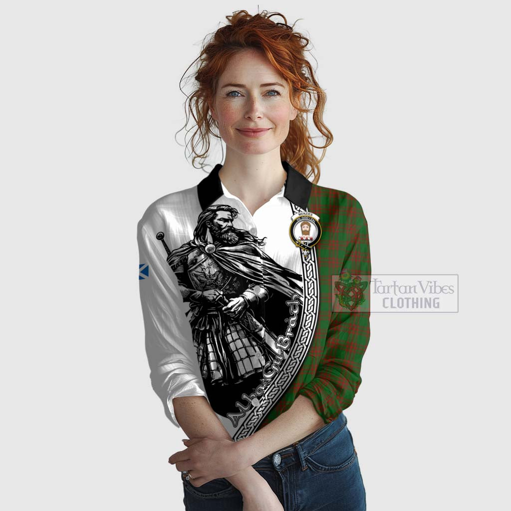 Menzies Tartan Clan Crest Women's Casual Shirt with Highlander Warrior Celtic Style Female - Tartan Vibes Clothing