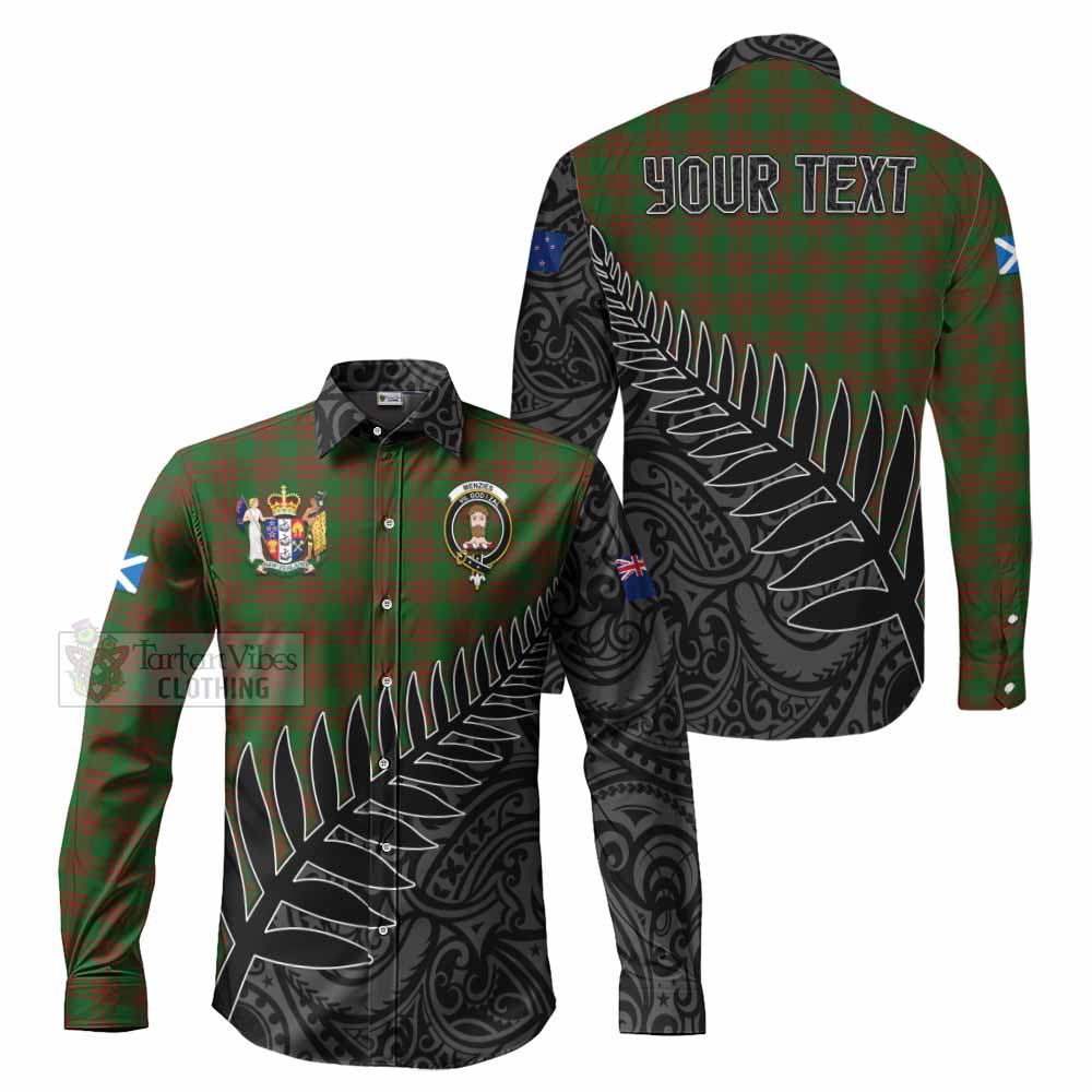 Tartan Vibes Clothing Menzies Crest Tartan Long Sleeve Button Shirt with New Zealand Silver Fern Half Style