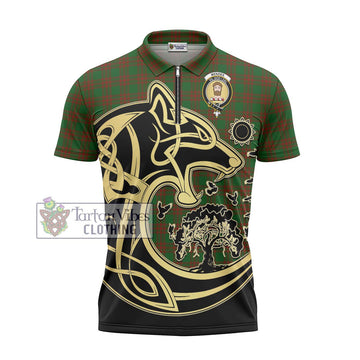 Menzies Tartan Zipper Polo Shirt with Family Crest Celtic Wolf Style - Tartan Vibes Clothing