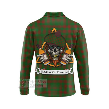 Menzies Tartan Long Sleeve Polo Shirt with Family Crest and Bearded Skull Holding Bottles of Whiskey - Tartan Vibes Clothing