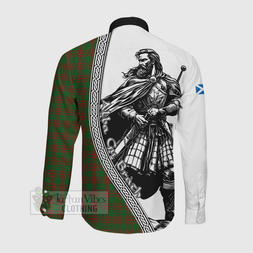 Tartan Vibes Clothing Menzies Tartan Clan Crest Long Sleeve Button Shirt with Highlander Warrior Celtic Style