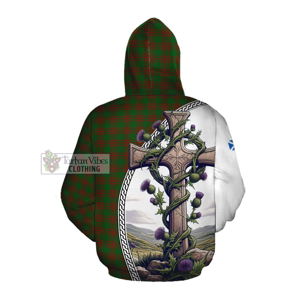 Tartan Vibes Clothing Menzies Tartan Cotton Hoodie with Family Crest and St. Andrew's Cross Accented by Thistle Vines