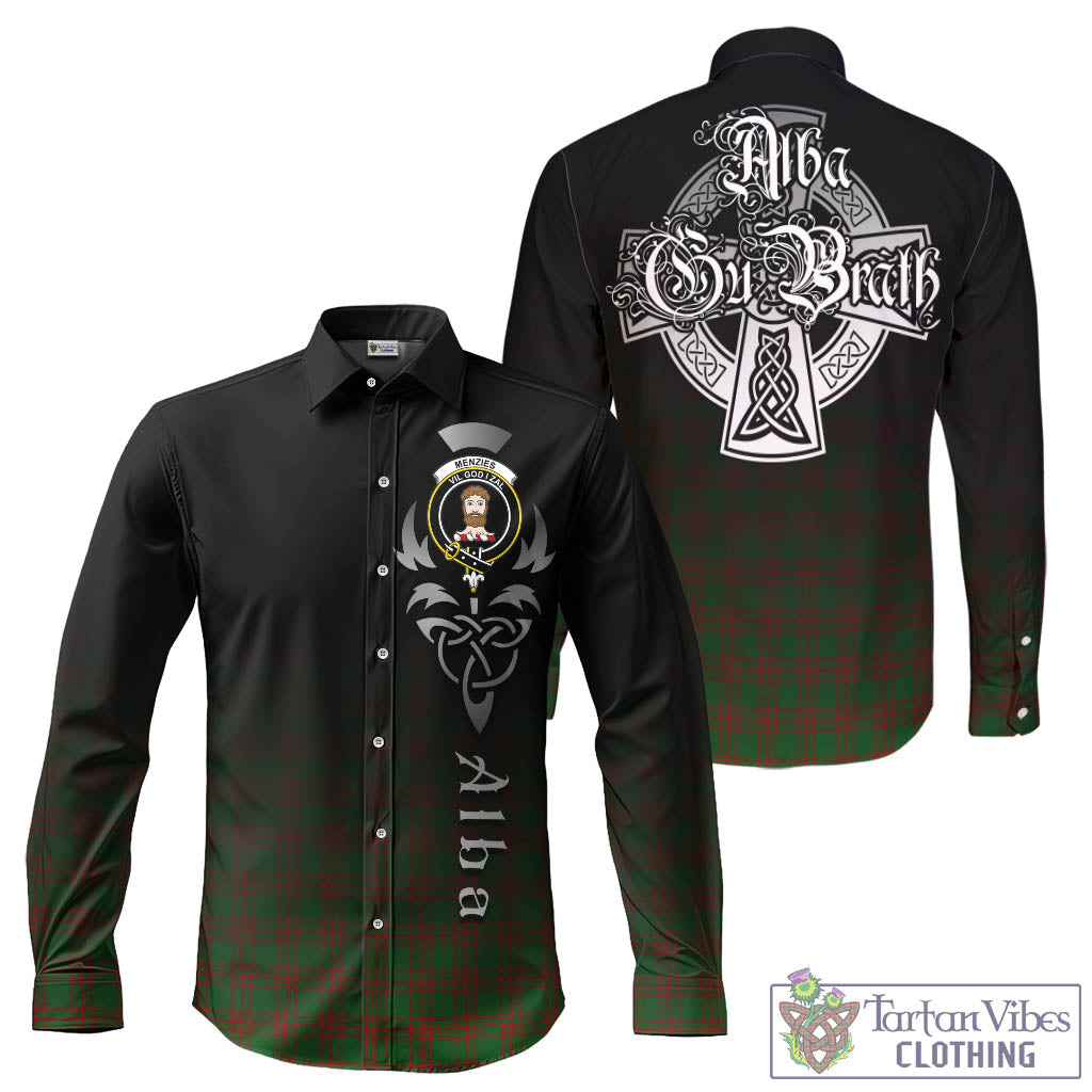 Menzies Tartan Long Sleeve Button Up Featuring Alba Gu Brath Family Crest Celtic Inspired - Tartan Vibes Clothing