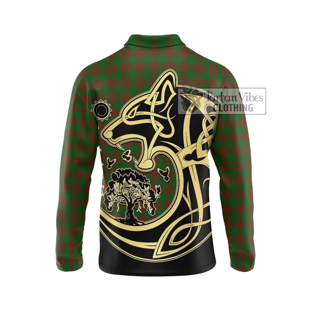 Menzies Tartan Long Sleeve Polo Shirt with Family Crest Celtic Wolf Style - Tartan Vibes Clothing