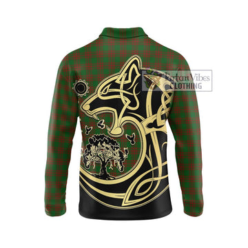 Menzies Tartan Long Sleeve Polo Shirt with Family Crest Celtic Wolf Style - Tartan Vibes Clothing