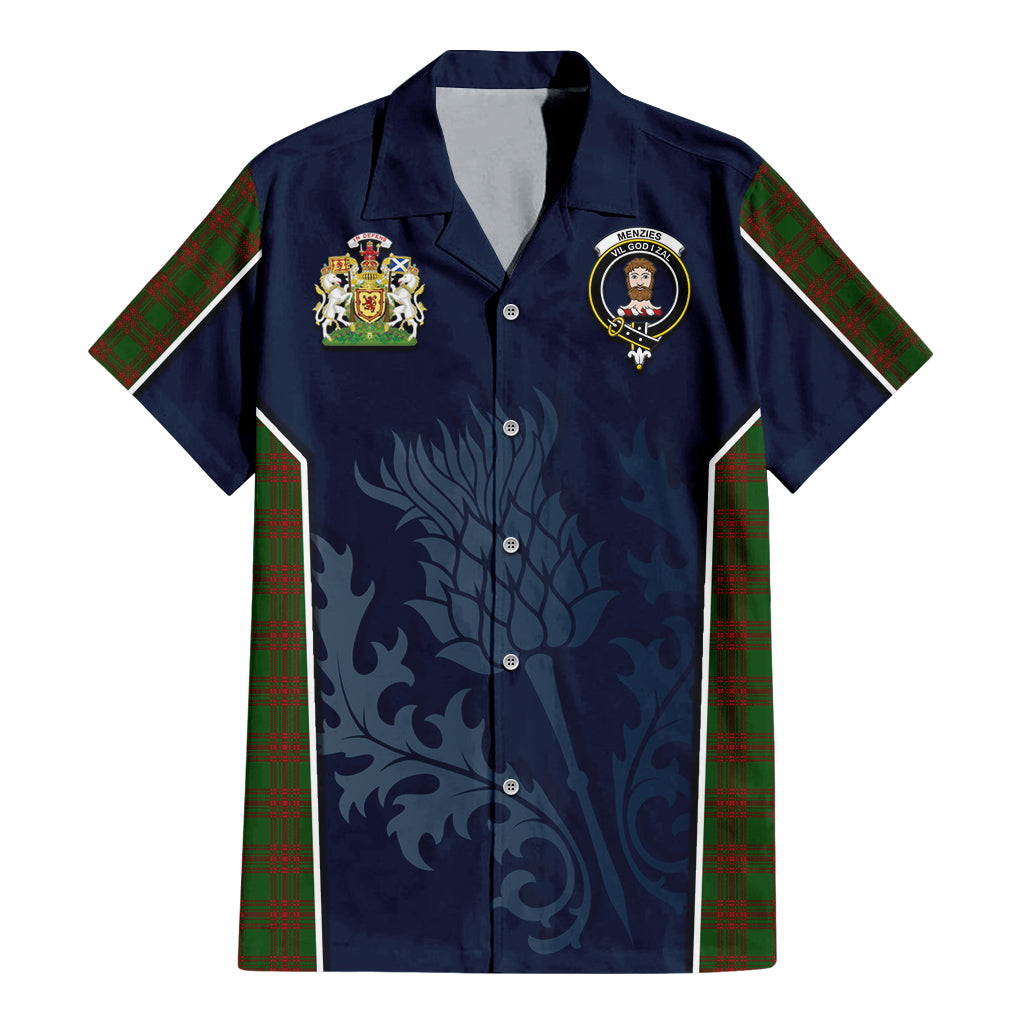 Tartan Vibes Clothing Menzies Tartan Short Sleeve Button Up Shirt with Family Crest and Scottish Thistle Vibes Sport Style