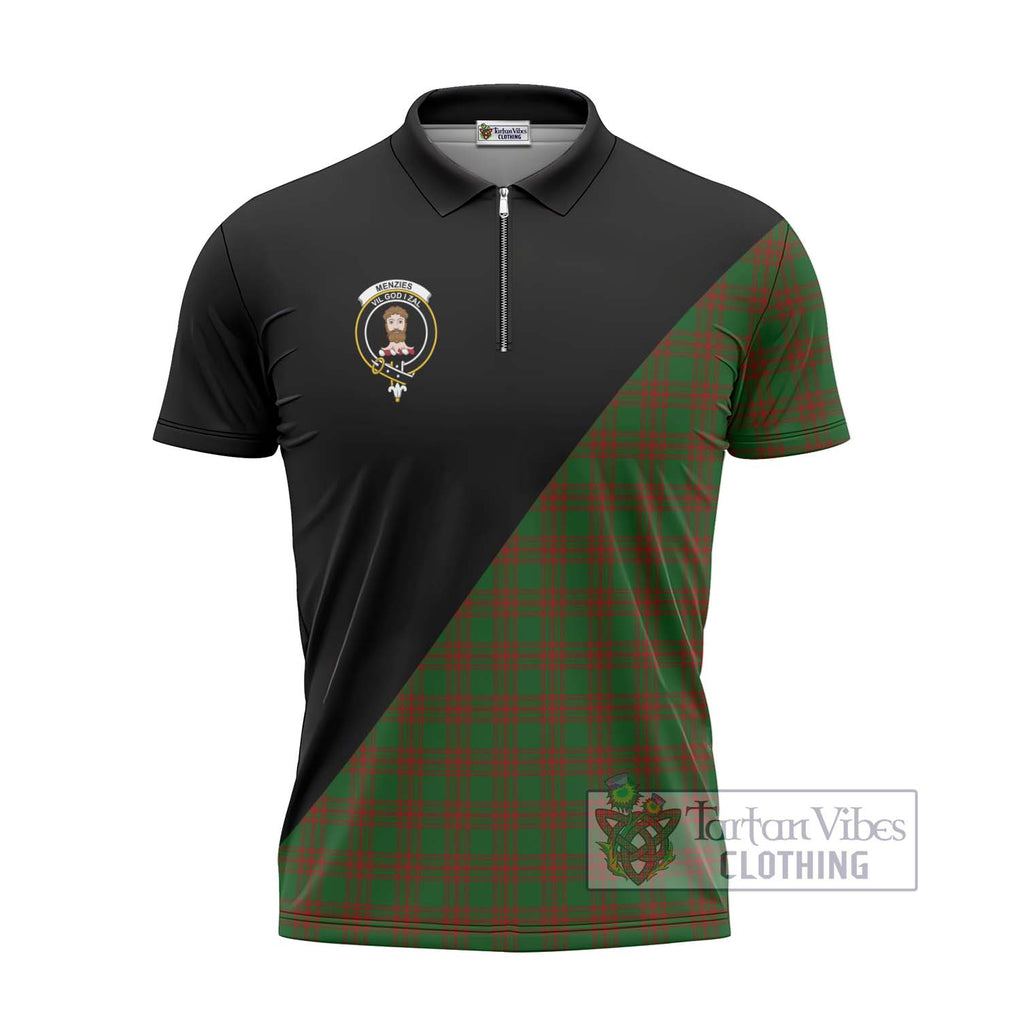 Menzies Tartan Zipper Polo Shirt with Family Crest and Military Logo Style - Tartanvibesclothing Shop