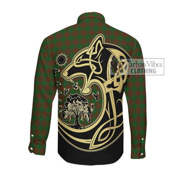 Menzies Tartan Long Sleeve Button Shirt with Family Crest Celtic Wolf Style Men's Shirt - Tartan Vibes Clothing