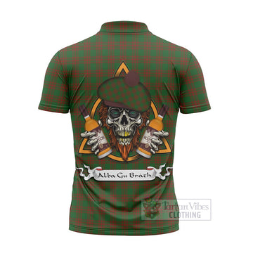 Menzies Tartan Zipper Polo Shirt with Family Crest and Bearded Skull Holding Bottles of Whiskey - Tartan Vibes Clothing