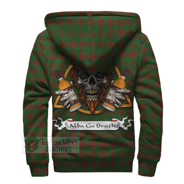 Menzies Tartan Sherpa Hoodie with Family Crest and Bearded Skull Holding Bottles of Whiskey