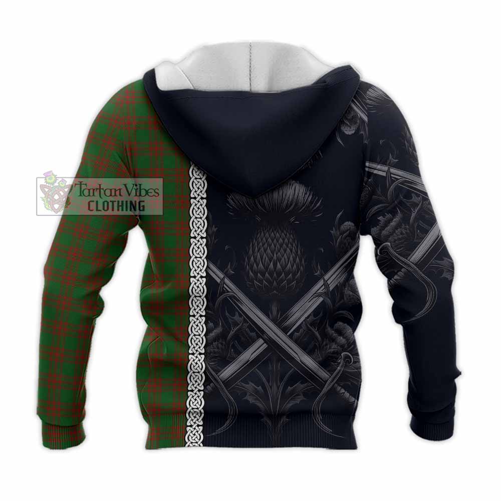 Tartan Vibes Clothing Menzies Tartan Knitted Hoodie with Family Crest Cross Sword Thistle Celtic Vibes