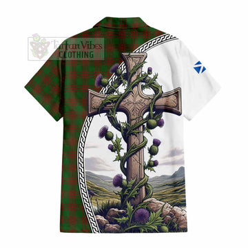 Tartan Vibes Clothing Menzies Tartan Short Sleeve Button Shirt with Family Crest and St. Andrew's Cross Accented by Thistle Vines