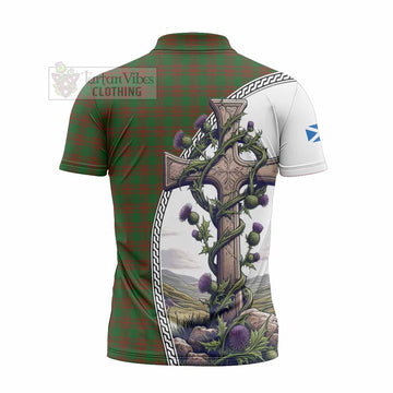 Tartan Vibes Clothing Menzies Tartan Zipper Polo Shirt with Family Crest and St. Andrew's Cross Accented by Thistle Vines