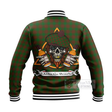 Menzies Tartan Baseball Jacket with Family Crest and Bearded Skull Holding Bottles of Whiskey - Tartan Vibes Clothing