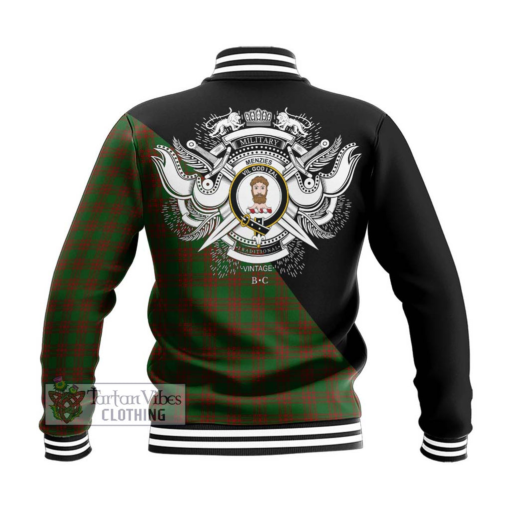 Menzies Tartan Baseball Jacket with Family Crest and Military Logo Style - Tartan Vibes Clothing