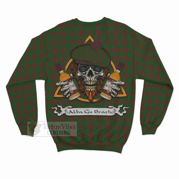 Menzies Tartan Sweatshirt with Family Crest and Bearded Skull Holding Bottles of Whiskey