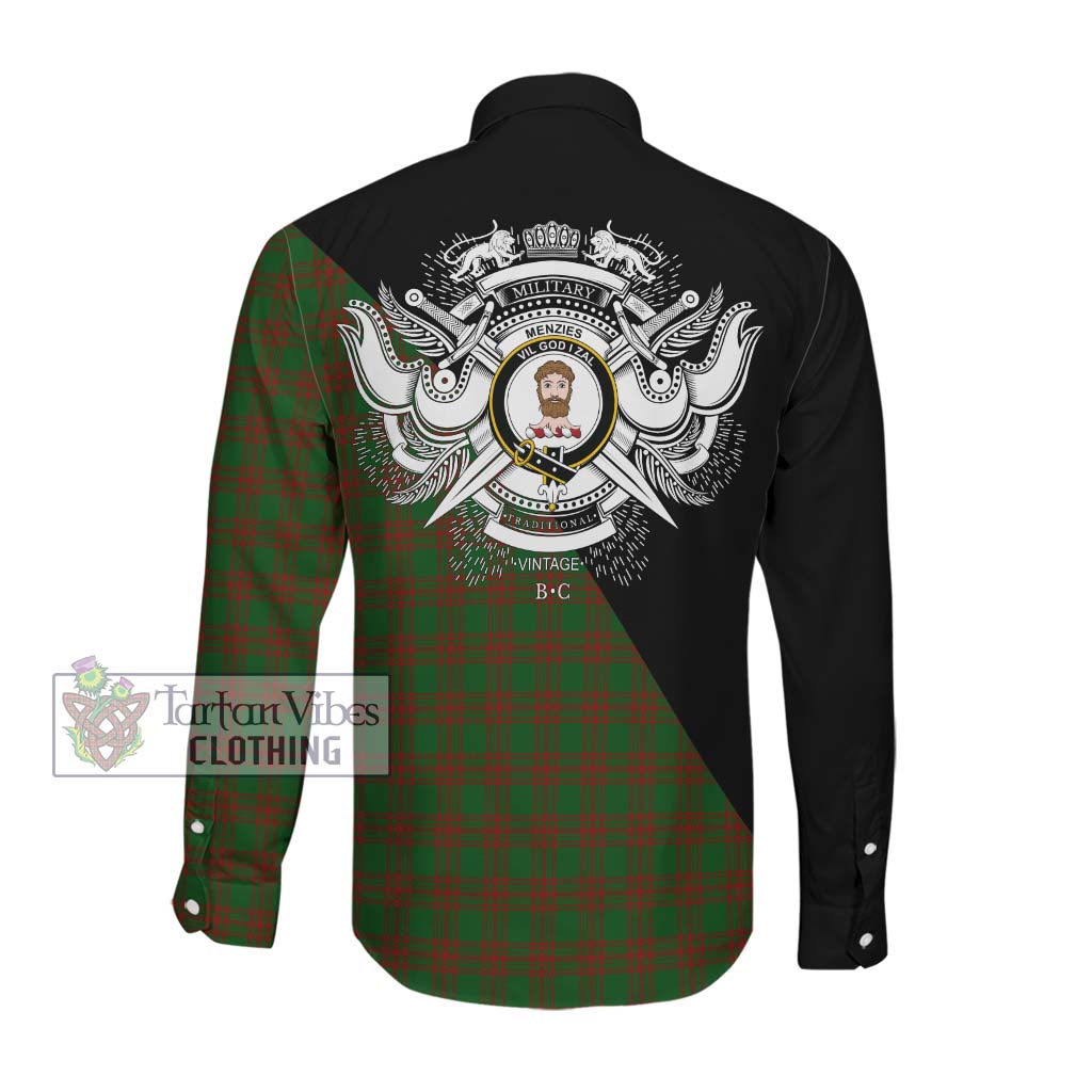 Menzies Tartan Long Sleeve Button Shirt with Family Crest and Military Logo Style Men's Shirt - Tartanvibesclothing Shop
