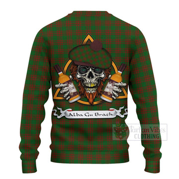 Menzies Tartan Ugly Sweater with Family Crest and Bearded Skull Holding Bottles of Whiskey - Tartan Vibes Clothing