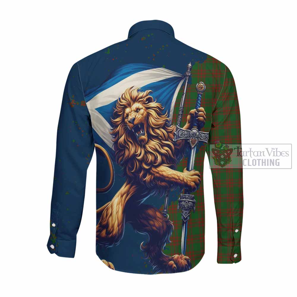 Tartan Vibes Clothing Menzies Tartan Family Crest Long Sleeve Button Shirt with Scottish Majestic Lion