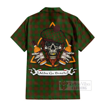 Menzies Tartan Hawaiian Shirt with Family Crest and Bearded Skull Holding Bottles of Whiskey - Tartan Vibes Clothing