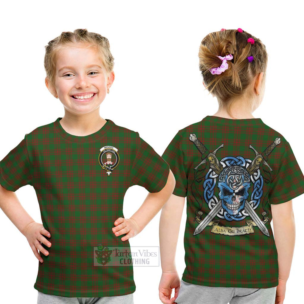 Menzies Tartan Kid T-Shirt with Family Crest Celtic Skull Style - Tartan Vibes Clothing