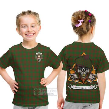 Menzies Tartan Kid T-Shirt with Family Crest and Bearded Skull Holding Bottles of Whiskey - Tartan Vibes Clothing