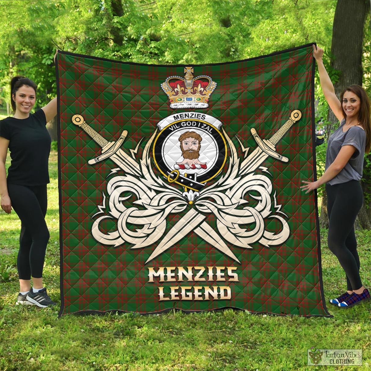 Tartan Vibes Clothing Menzies Tartan Quilt with Clan Crest and the Golden Sword of Courageous Legacy