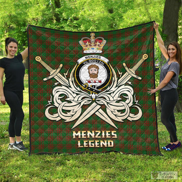 Tartan Vibes Clothing Menzies Tartan Quilt with Clan Crest and the Golden Sword of Courageous Legacy