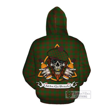 Menzies Tartan Cotton Hoodie with Family Crest and Bearded Skull Holding Bottles of Whiskey Pullover Hoodie - Tartan Vibes Clothing