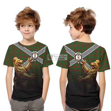 Menzies Crest Tartan Kid T-Shirt with Golden Lion Emblem Celtic Style