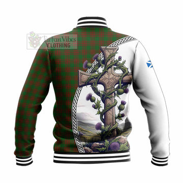 Tartan Vibes Clothing Menzies Tartan Baseball Jacket with Family Crest and St. Andrew's Cross Accented by Thistle Vines