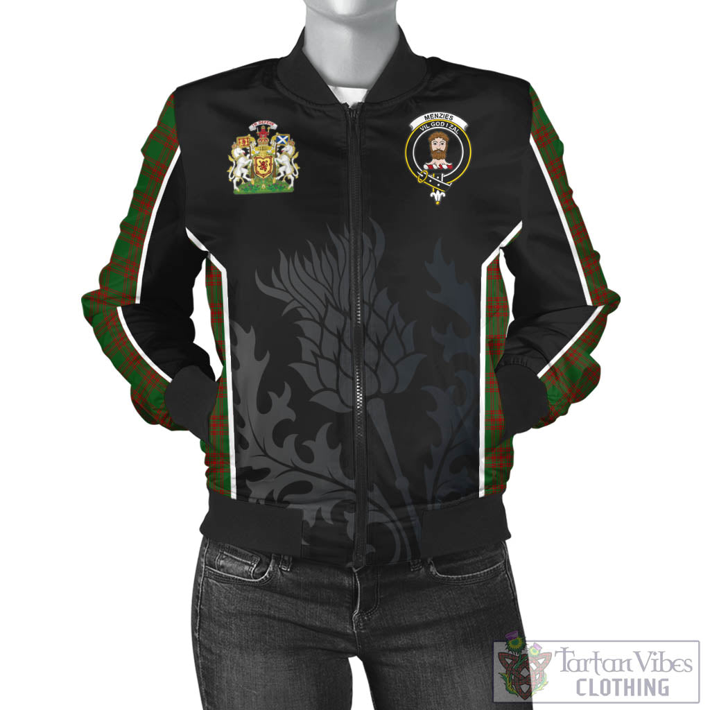 Menzies Tartan Bomber Jacket with Family Crest and Scottish Thistle Vibes Sport Style - Tartan Vibes Clothing
