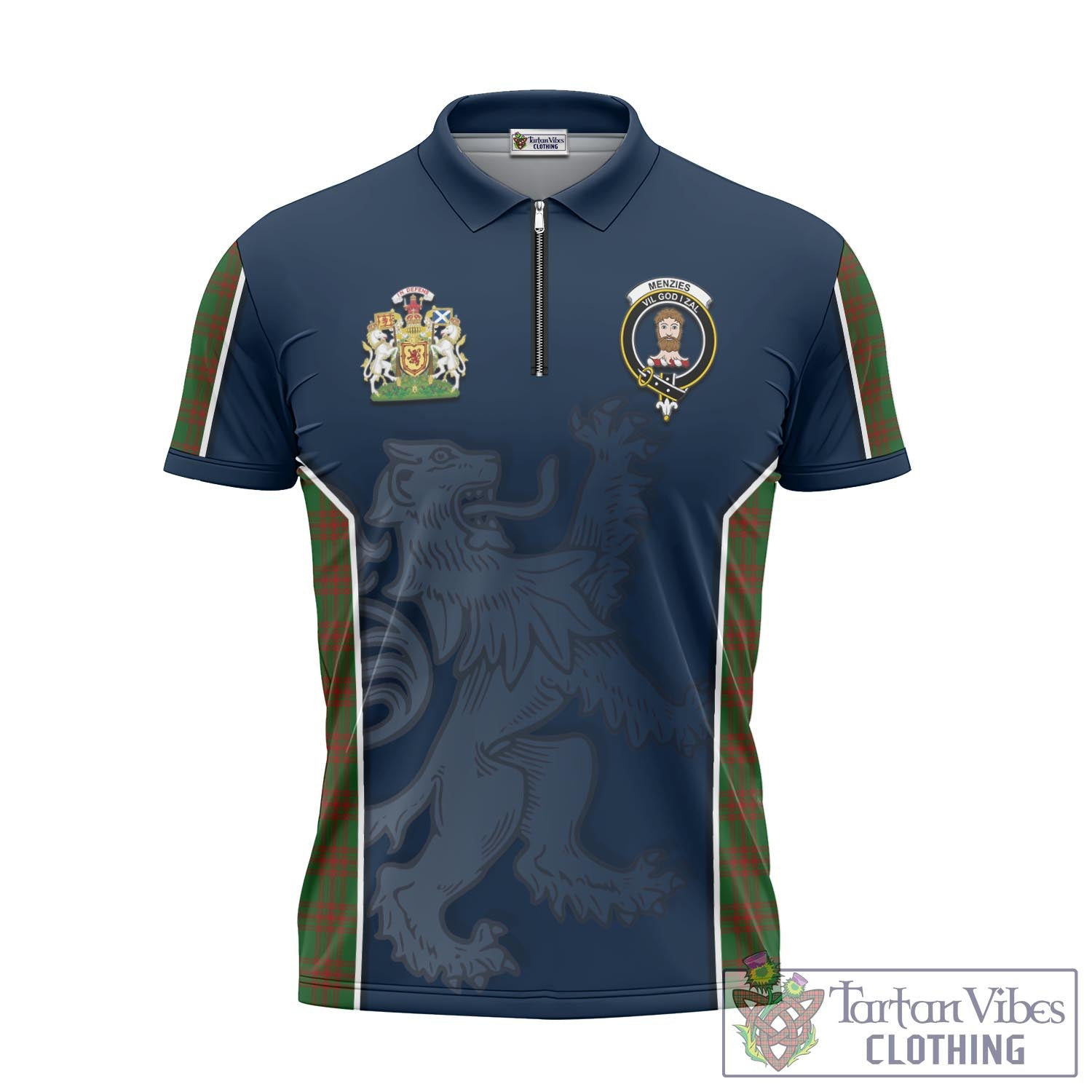 Menzies Tartan Zipper Polo Shirt with Family Crest and Lion Rampant Vibes Sport Style - Tartan Vibes Clothing