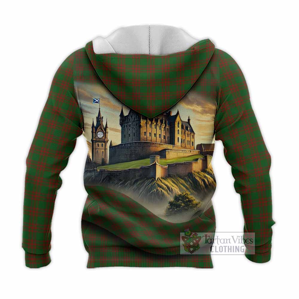 Tartan Vibes Clothing Menzies Tartan Family Crest Knitted Hoodie with Scottish Ancient Castle Style