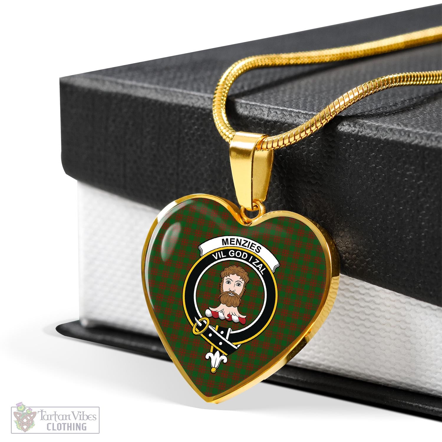 Menzies Tartan Heart Necklace with Family Crest - Tartan Vibes Clothing