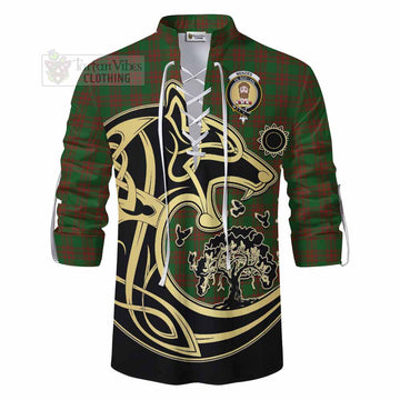 Menzies Tartan Ghillie Kilt Shirt with Family Crest Celtic Wolf Style - Tartan Vibes Clothing