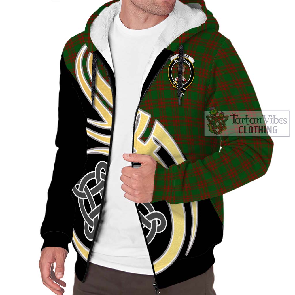 Menzies Tartan Sherpa Hoodie with Family Crest and Celtic Symbol Style - Tartan Vibes Clothing