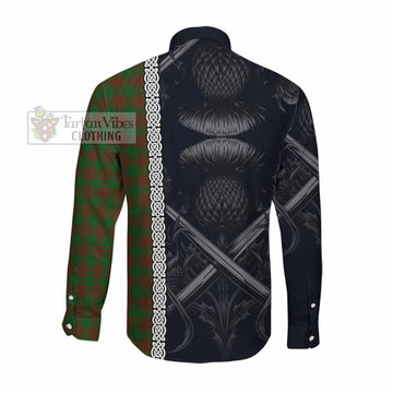 Menzies Tartan Long Sleeve Button Shirt with Family Crest Cross Sword Thistle Celtic Vibes